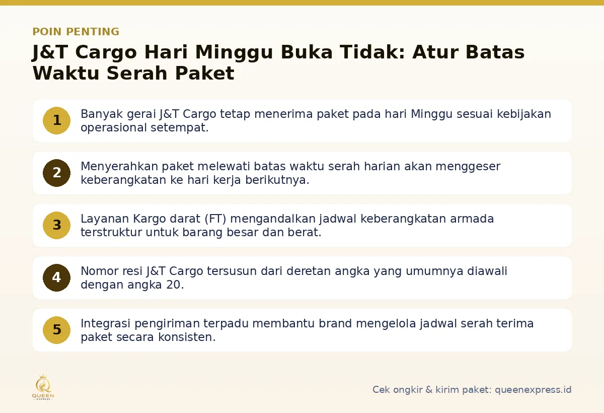 Infografis poin penting J&T Cargo hari minggu buka tidak - Queen Express